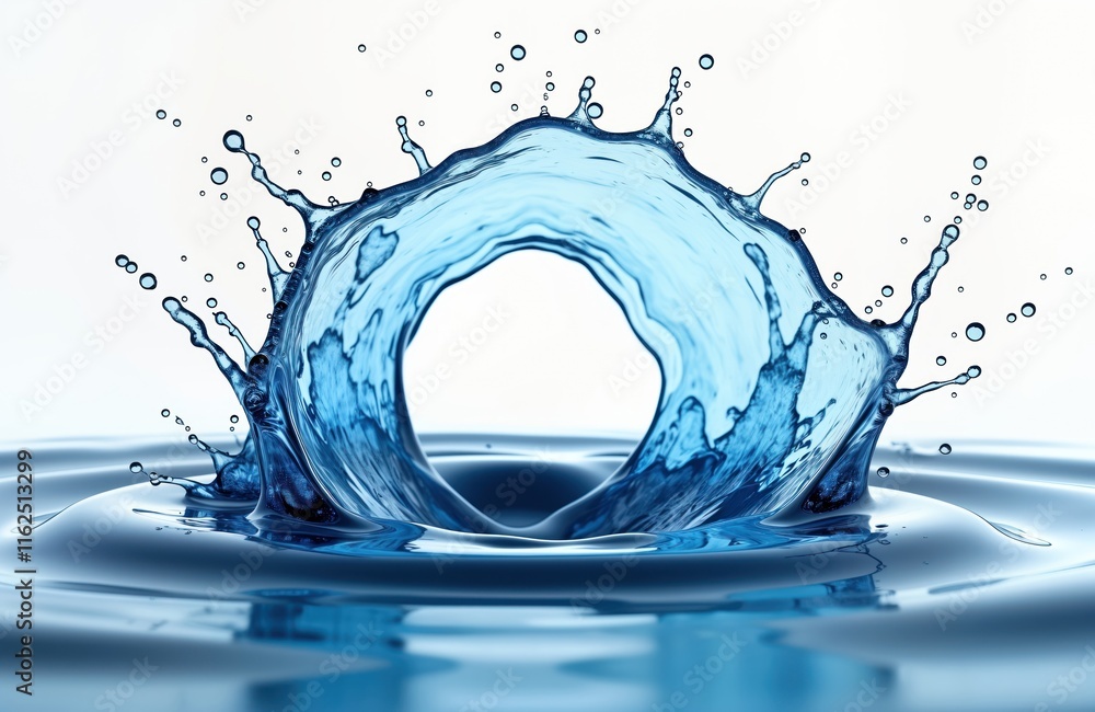 Poster Abstract image of vibrant blue water splash isolated on white. Splash forms rounded shape with hollow circle in center. Water flowing, dynamic with ripples, droplets. Image suggests freshness,