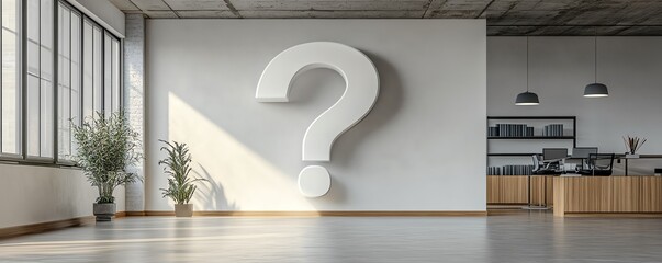 A giant question mark in a minimalist office, representing uncertainty in business direction and the challenges of future planning