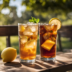 Close-up of a refreshing iced tea and lemonade duo in chilled glasses on a sunlit wooden table