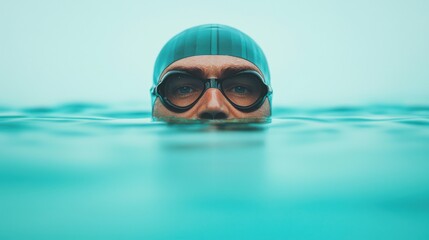 Naklejka premium Focused Male Swimmer in Cap and Goggles Preparing for Competition in Clear Water with Determined Expression and Strength