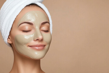 Woman with a green clay facial mask and a white towel on her head, eyes closed and smiling, against a beige background with copyspace