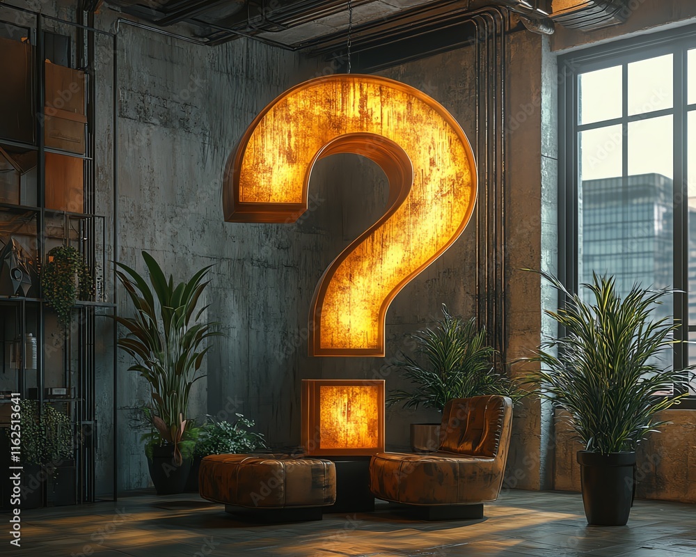 Poster a large, glowing question mark in a modern office, reflecting the uncertainty and unknowns of busine