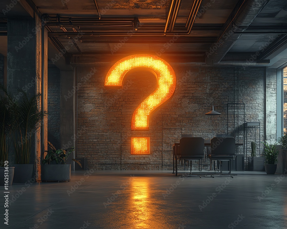 Poster a large, glowing question mark in a modern office, reflecting the uncertainty and unknowns of busine
