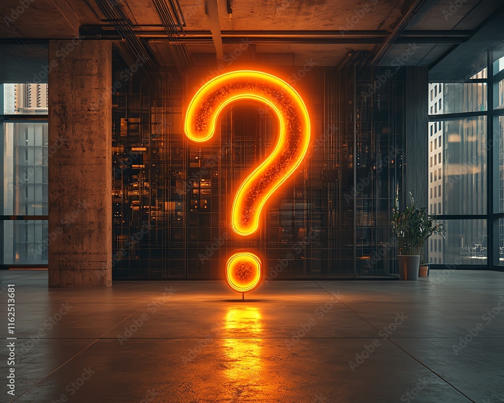 Poster a large, glowing question mark in a modern office, reflecting the uncertainty and unknowns of busine