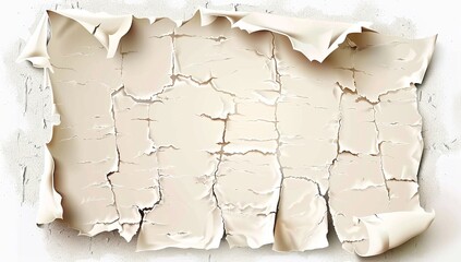 Cream-colored paint peeling off a surface, revealing a textured background. The paint is cracked and curled at the edges, creating a distressed look.