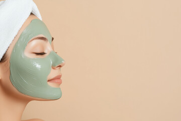 Side profile of a woman with a green clay facial mask and a white towel on her head, eyes closed, against a beige background with copyspace