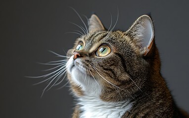 Close-up portrait of a tabby cat looking up, showcasing its vibrant green eyes and detailed fur.