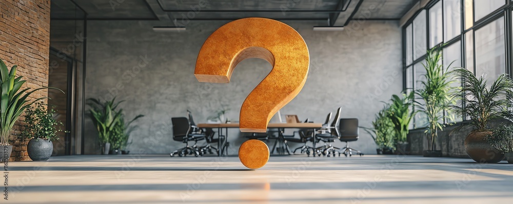 Poster a large question mark in a sleek, modern office, symbolizing uncertainty in business futures and str