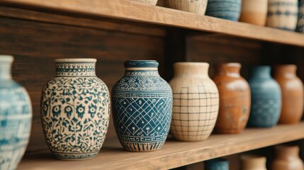 Beautifully Arranged Shelf Displaying a Diverse Collection of Unique Vases in Various Shapes and Colors for Home Decor