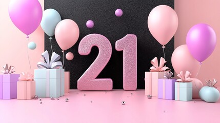 21st birthday celebration with balloons and gifts.