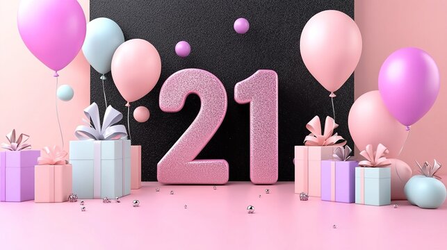 21st birthday celebration with balloons and gifts.