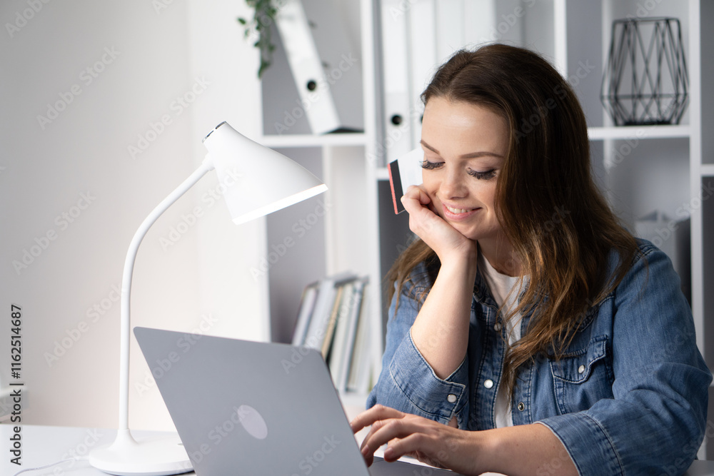 Poster a focused woman is diligently working on her laptop in a bright and inviting home office environment