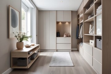 Contemporary Beige Foyer Design With Grey And White Storage Unit