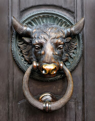old metal door knocker, doorbell, bull's head
