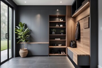 Fototapeta premium Contemporary Dark Grey And Wood Foyer Design With Stepped Storage Unit