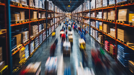 A busy warehouse with towering shelves filled with inventory while workers move rapidly creating a sense of fast-paced logistics activity  
