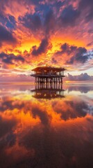 Fiery Sunset Over a Coastal Platform at Low Tide