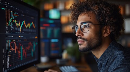 Fototapeta premium Focused Trader Analyzing Stock Market Data on Computer Screen
