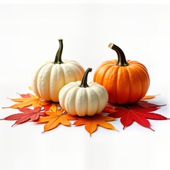 Autumnal scene with decorative pumpkins, colorful leaves. Three pumpkins sit on bed of autumn leaves. Two white, one orange. Vibrant foliage. Fall harvest theme. Thanksgiving decoration. Seasonal