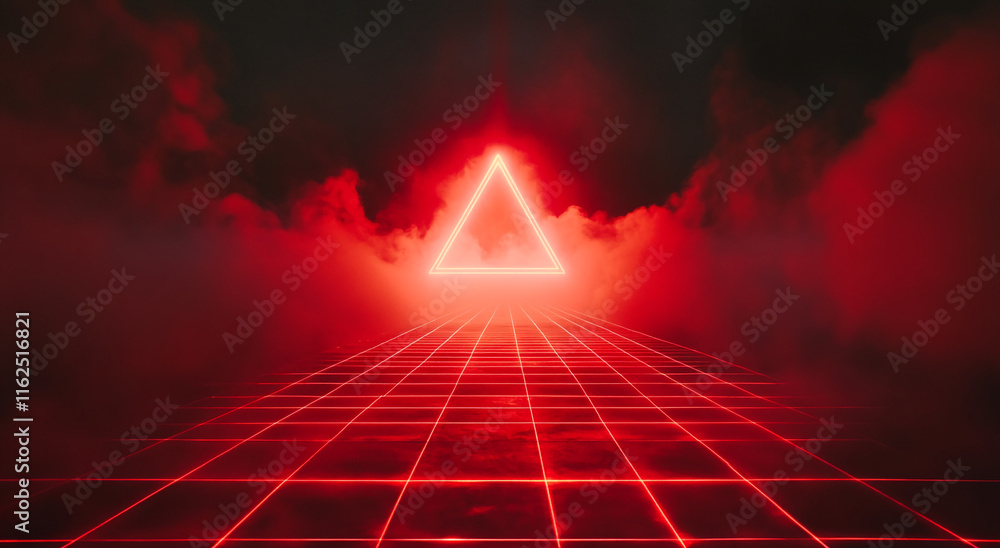 Poster Futuristic Red Neon Triangle with Smoke and Grid Background
