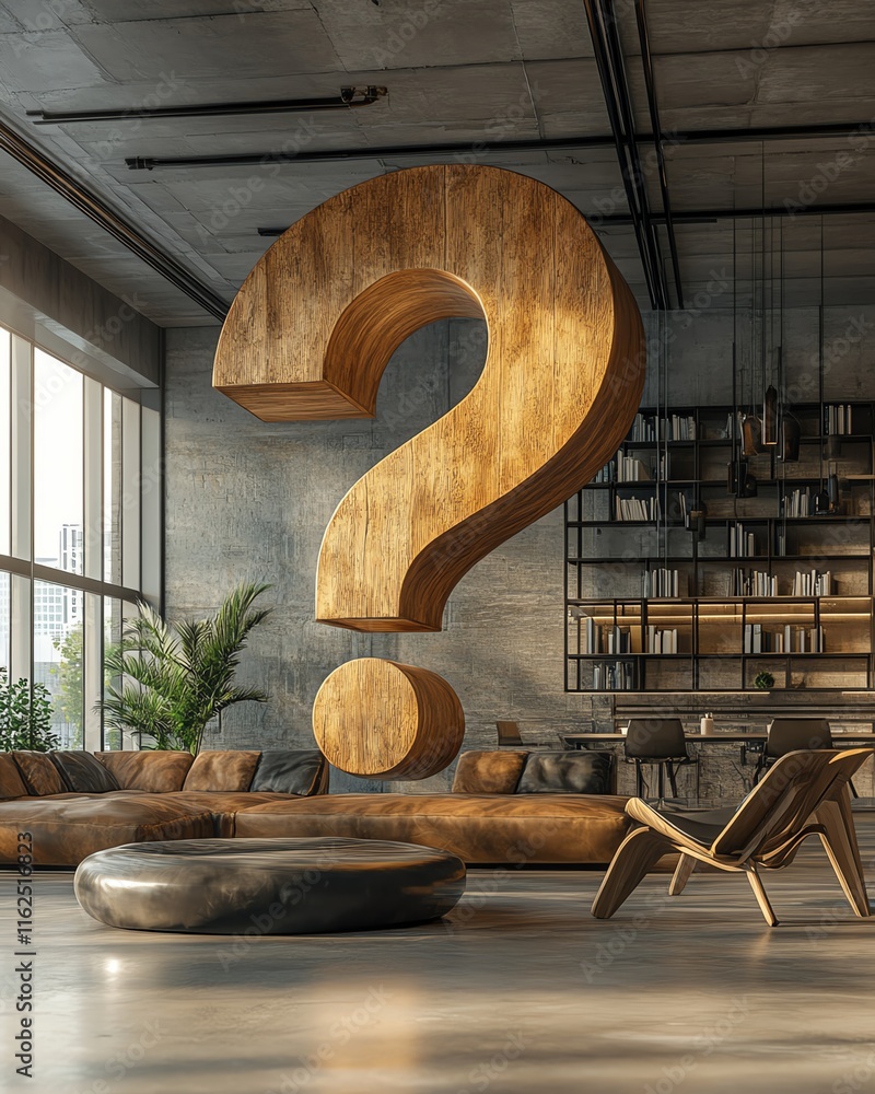 Aufkleber A massive question mark in a modern, hightech office, representing the challenges and uncertainty businesses face in the future