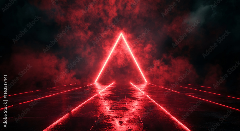 Aufkleber futuristic red neon triangle with atmospheric smoke and reflective surface