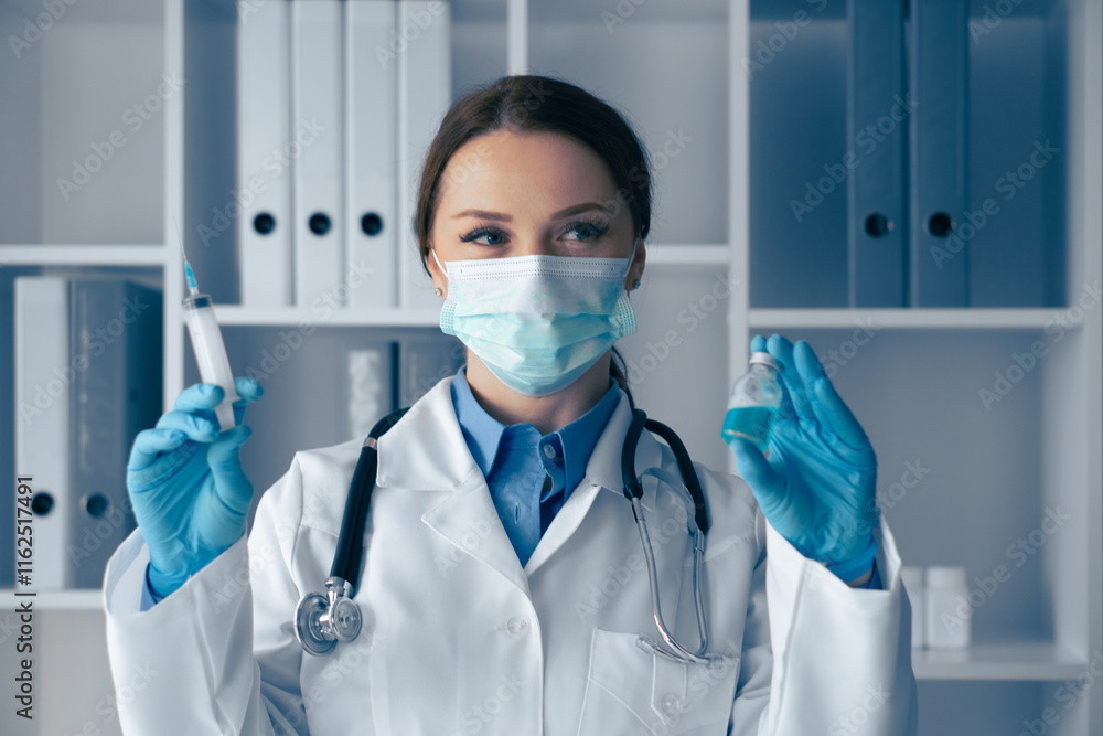 Poster a qualified medical professional is diligently analyzing vaccine samples within a stateoftheart labo