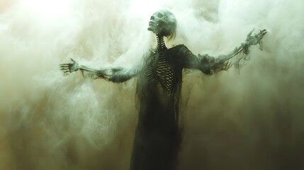 A Surreal Portrait of a Blurred Skeleton Girl Exuding Mystery and Emotions Behind Fogged Glass