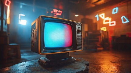 Retro Television in a Neon-Lit Garage: A Blast from the Past