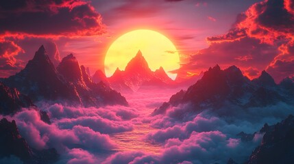 Vibrant 80s Neon Collage of Stunning Mountain Landscapes with Artistic Grid and Colorful Sun Backdrop