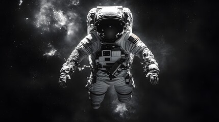Fototapeta premium An Immersive Black and White Vision of an Astronaut Drifting in the Vastness of Space