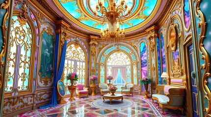 Obraz premium Futuristic beautiful French mansion interior glamorous beautiful colourful dreamy awesome elegant elaborate complex detailed awesome gold blue pink green orange peridot lilac yellow magenta cyan gold 