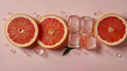 Slices of fresh grapefruit paired with ice cubes, creating a refreshing and vibrant display full of citrus charm