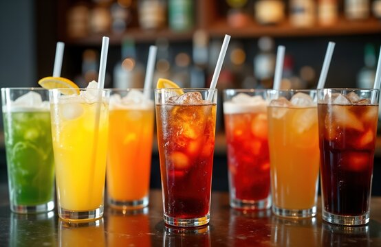 Colorful array of refreshing soft drinks, sodas. Various drinks served in tall glasses filled with ice, garnished with lemon slices. Different beverage colors like orange yellow red, green.
