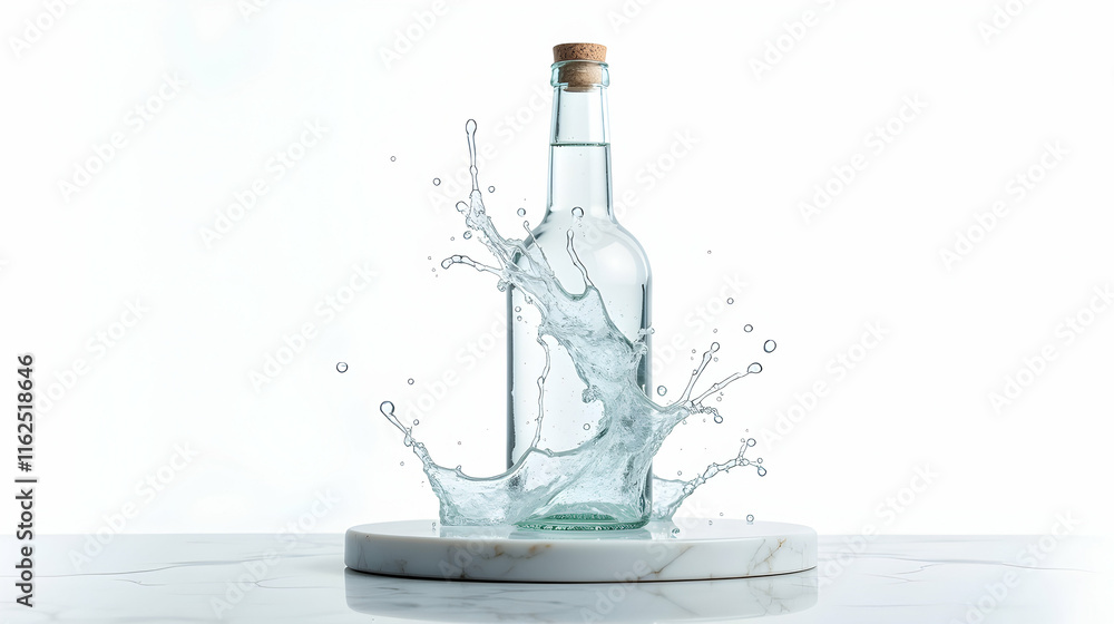 Poster crystal-clear water explodes from a bottle, creating a mesmerizing splash against a pristine white b