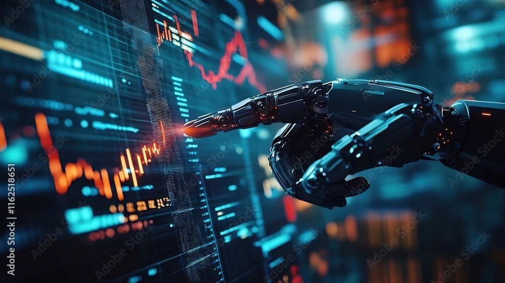 Poster robotic hand interacting with stock market data on a digital screen.