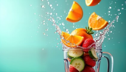 Fresh fruits slices fly into blender filled with mixed fruits, vegetables. Healthy smoothie mix preparation in kitchen setting. Dynamic action shot of healthy food, beverage preparation. Organic
