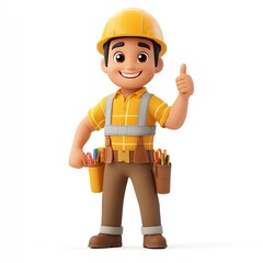 A 3D isolated cartoon character of construction worker or builder smiling on a white background