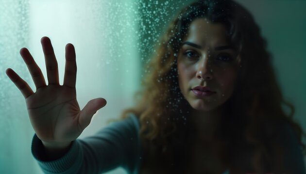 Woman behind frosted window seeks help. Hand reaches out. Dark moody photo expresses loneliness, depression. Desperate situation captured by photo. Concept of mental health. Abstract image. People