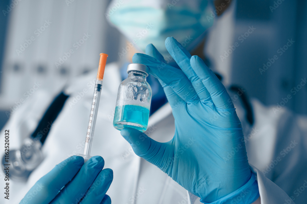 Poster a qualified medical professional is preparing a vaccine with a syringe and vial in a sterile environ