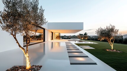 Obraz premium Contemporary Home Design Suburban Area Architectural Photograph Outdoor Space Wide Angle View Modern Aesthetic