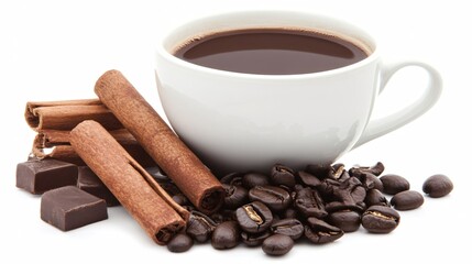 Freshly Brewed Coffee with Cinnamon Sticks and Chocolate Pieces on a White Background