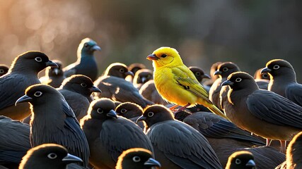 Vivid Yellow Bird Standing Out Among a Group of Dark-Colored Birds in Natural Lighting

