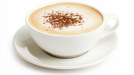 Creamy cappuccino in a white cup with cocoa powder on top for coffee lovers