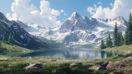 Fototapeta premium Serene Mountain Lake With Snow Capped Peaks And Lush Meadows
