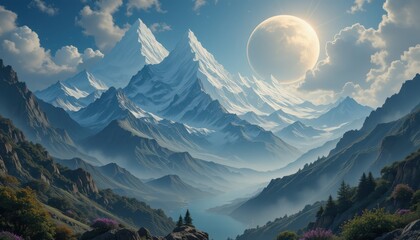 Majestic Snowcapped Mountains Under a Bright Moon
