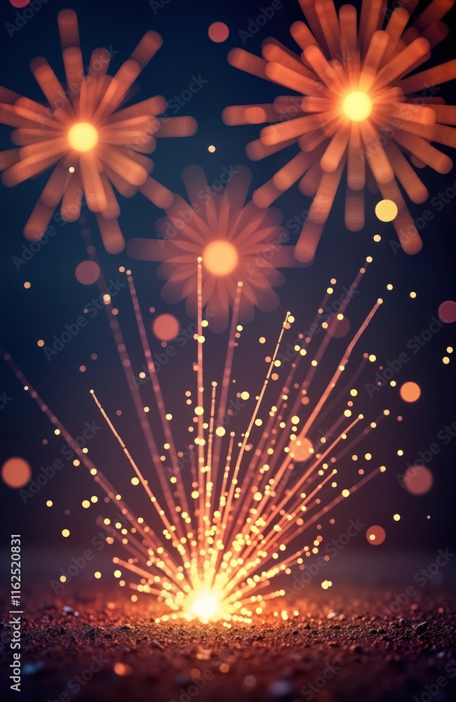 Poster abstract image of vibrant gold, dark violet fireworks exploding in bokeh effect. festive celebration