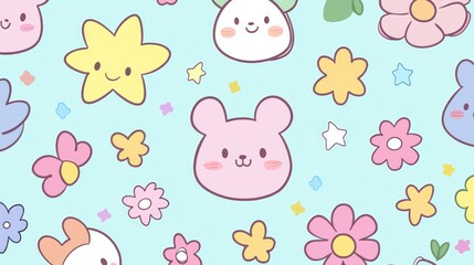 Cute Animal Faces and Flowers Pastel Design