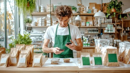 Young Man in Apron Using Smartphone in Small Shop Retail Environment High Fidelity