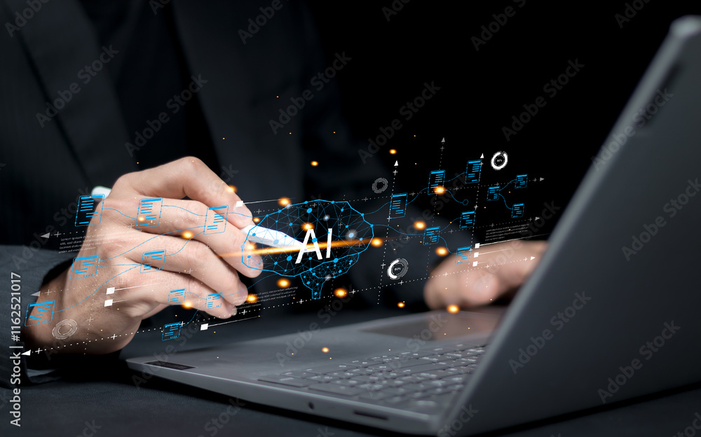 Aufkleber technology and people concept man use ai to help work, ai learning and artificial intelligence conce
